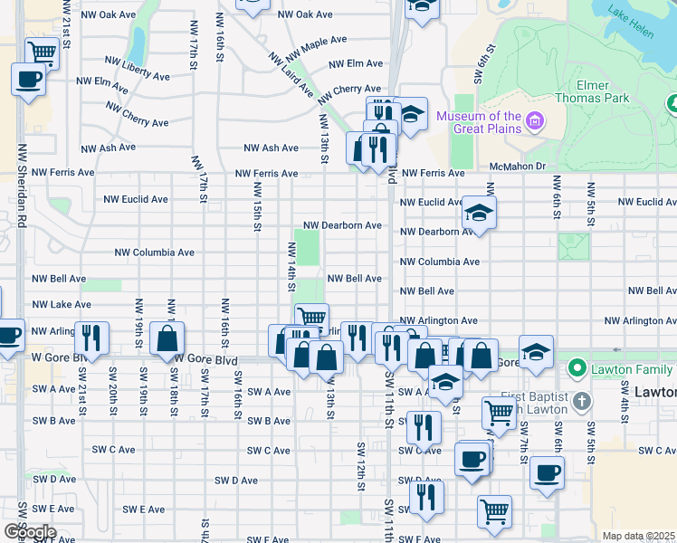map of restaurants, bars, coffee shops, grocery stores, and more near 1214 Northwest Columbia Avenue in Lawton