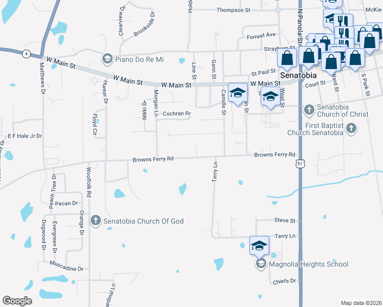 map of restaurants, bars, coffee shops, grocery stores, and more near 522 Browns Ferry Road in Senatobia