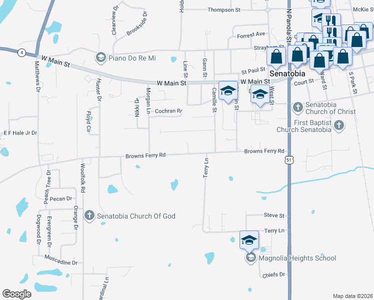 map of restaurants, bars, coffee shops, grocery stores, and more near 522 Brownsferry Road in Senatobia