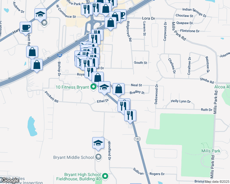 map of restaurants, bars, coffee shops, grocery stores, and more near 2001 Evans Loop in Bryant