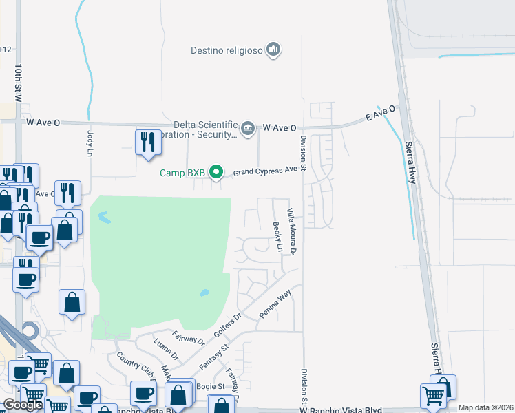 map of restaurants, bars, coffee shops, grocery stores, and more near 40113 Pevero Court in Palmdale