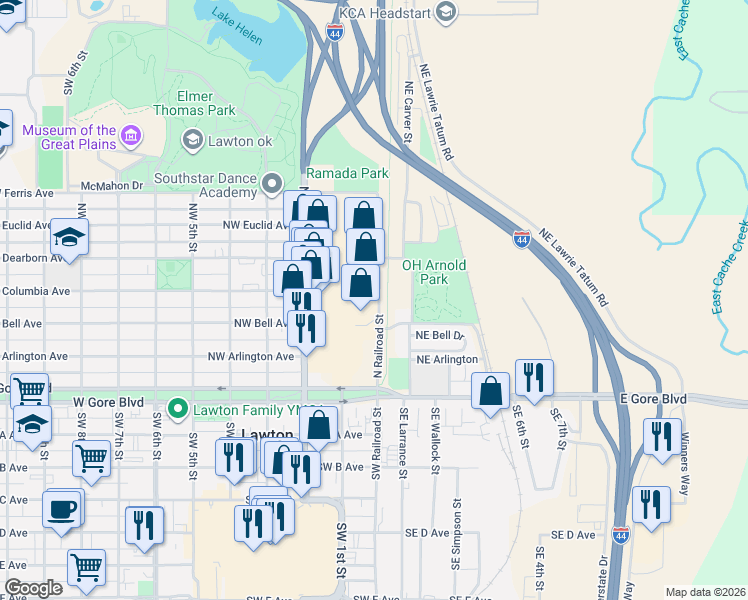 map of restaurants, bars, coffee shops, grocery stores, and more near 295 Northwest 2nd Street in Lawton