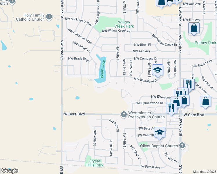 map of restaurants, bars, coffee shops, grocery stores, and more near 7710 Wyatt Lake Drive in Lawton