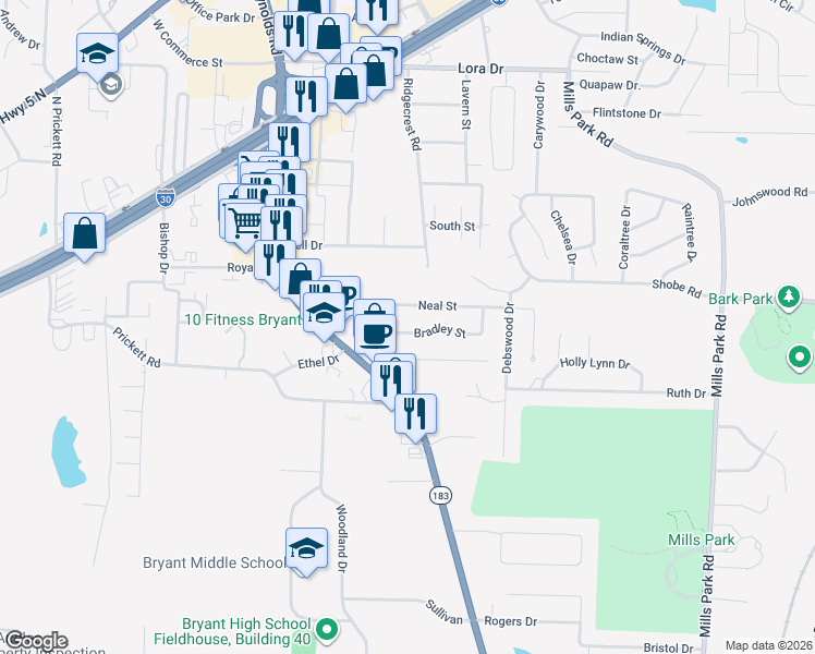 map of restaurants, bars, coffee shops, grocery stores, and more near 32 Bradley Street in Bryant