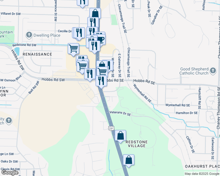 map of restaurants, bars, coffee shops, grocery stores, and more near 205 Marinawoods Drive Southeast in Huntsville