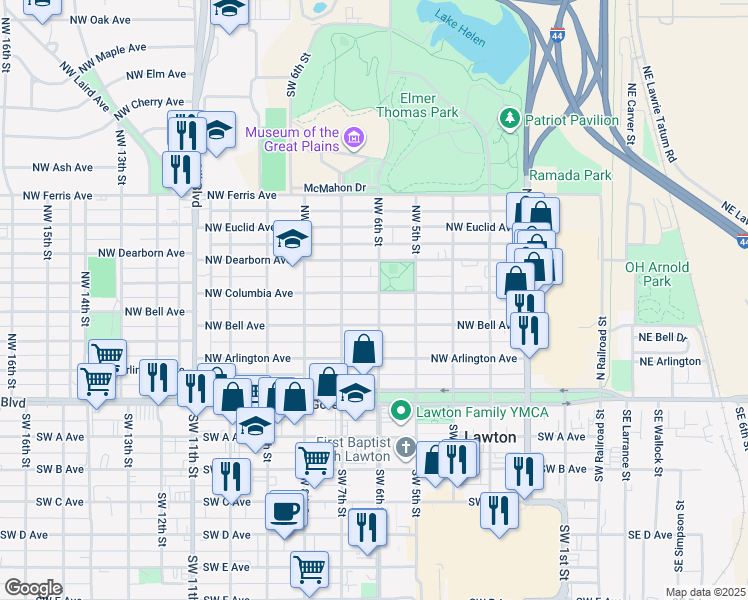 map of restaurants, bars, coffee shops, grocery stores, and more near 602 Northwest Columbia Avenue in Lawton