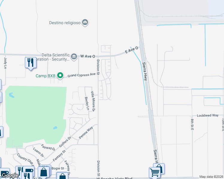 map of restaurants, bars, coffee shops, grocery stores, and more near 40154 La Cota Drive in Palmdale