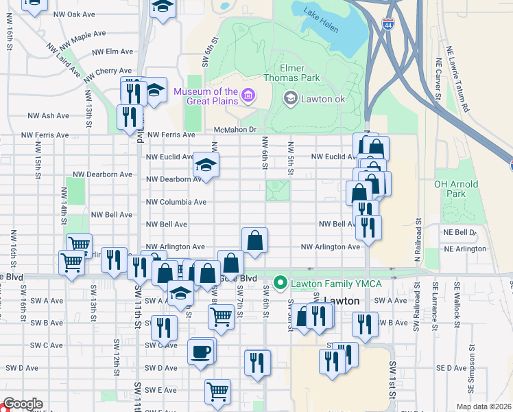 map of restaurants, bars, coffee shops, grocery stores, and more near 606 Northwest Columbia Avenue in Lawton