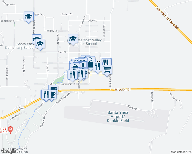 map of restaurants, bars, coffee shops, grocery stores, and more near 3630 Sagunto Street in Santa Ynez