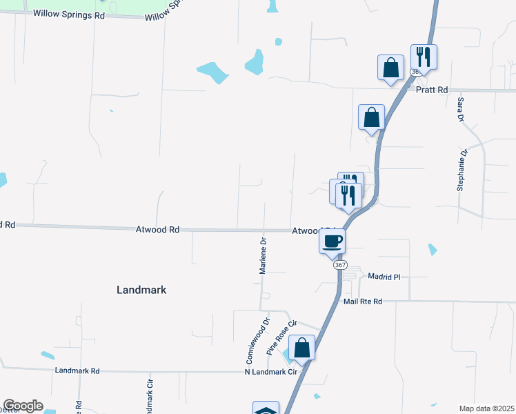 map of restaurants, bars, coffee shops, grocery stores, and more near 15212 Irving Lane in Little Rock