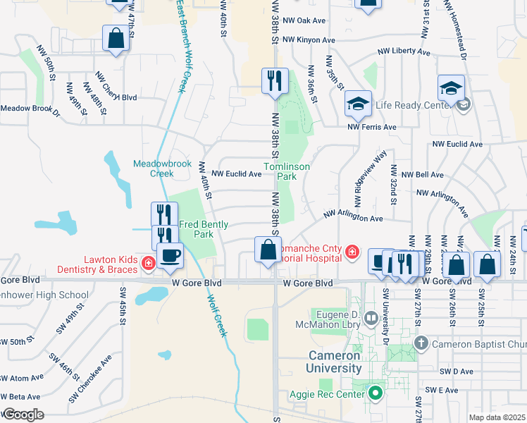 map of restaurants, bars, coffee shops, grocery stores, and more near 3806 Northwest Columbia Avenue in Lawton