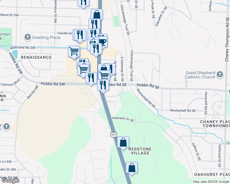 map of restaurants, bars, coffee shops, grocery stores, and more near 205 Marinawoods Drive Southeast in Huntsville