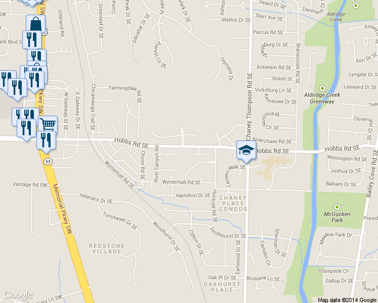 map of restaurants, bars, coffee shops, grocery stores, and more near 710 Hobbs Road Southeast in Huntsville