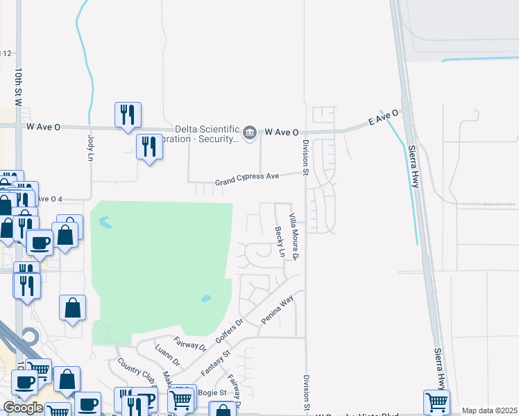 map of restaurants, bars, coffee shops, grocery stores, and more near 40113 Pevero Court in Palmdale
