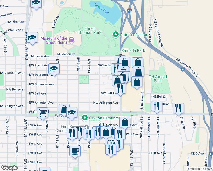 map of restaurants, bars, coffee shops, grocery stores, and more near 306 Northwest Columbia Avenue in Lawton