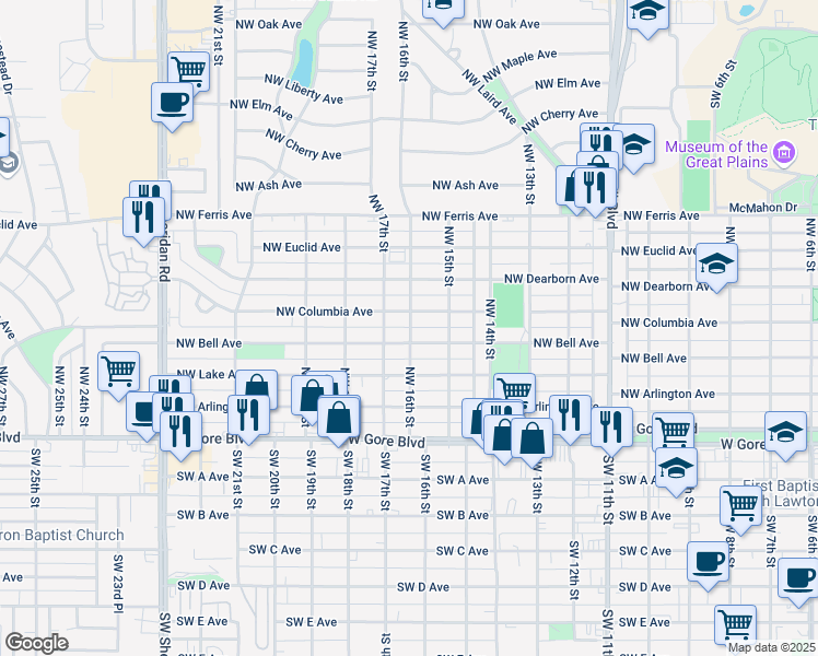 map of restaurants, bars, coffee shops, grocery stores, and more near 1510 Northwest Columbia Avenue in Lawton
