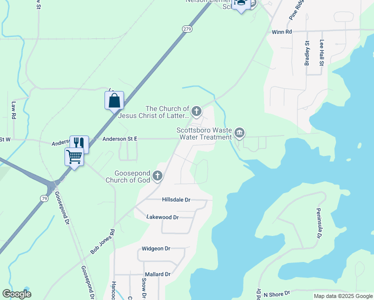map of restaurants, bars, coffee shops, grocery stores, and more near 41 Camille Street in Scottsboro