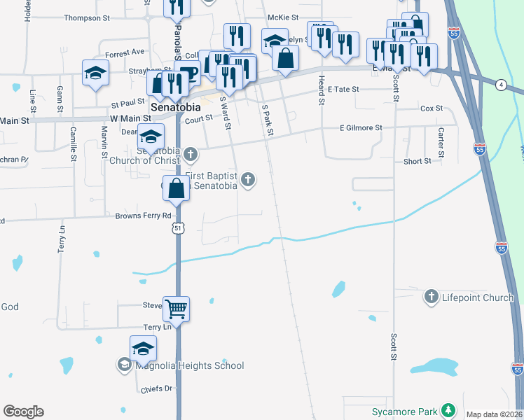 map of restaurants, bars, coffee shops, grocery stores, and more near Hillside Circle in Senatobia