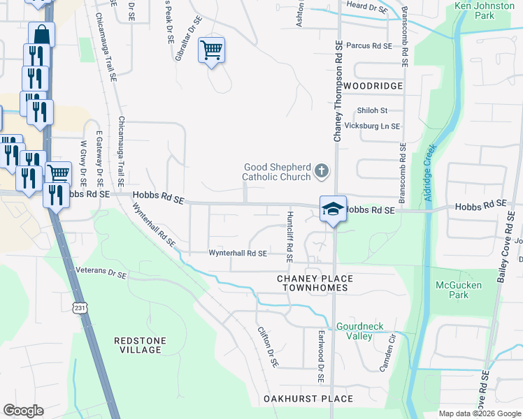 map of restaurants, bars, coffee shops, grocery stores, and more near 710 Hobbs Road Southeast in Huntsville
