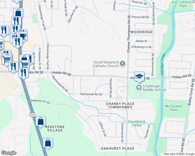 map of restaurants, bars, coffee shops, grocery stores, and more near 710 Hobbs Road Southeast in Huntsville