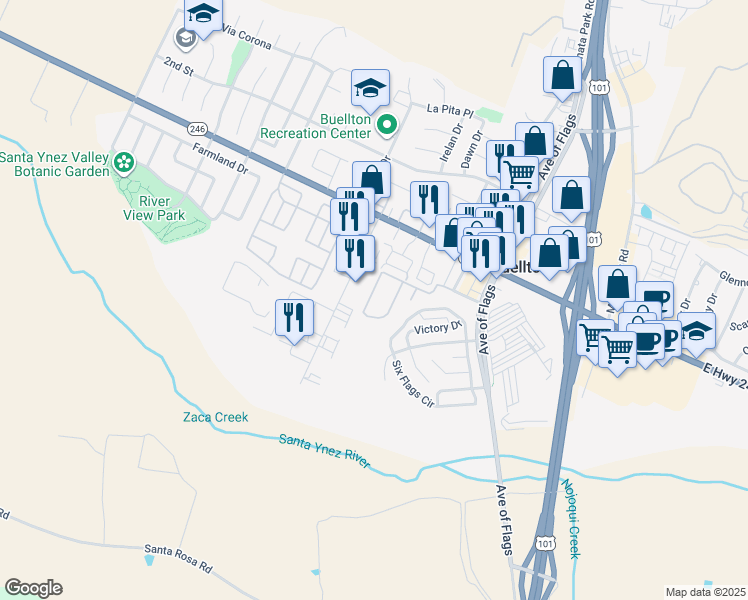 map of restaurants, bars, coffee shops, grocery stores, and more near 80 Zaca Street in Buellton