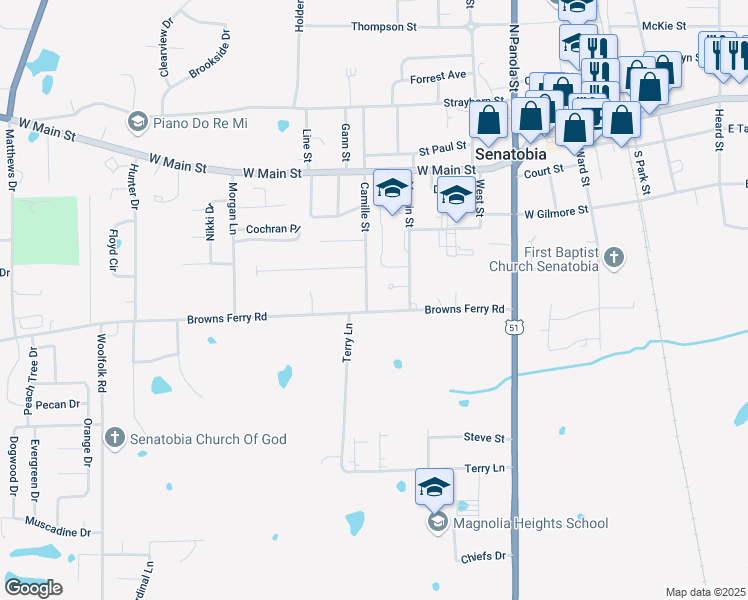 map of restaurants, bars, coffee shops, grocery stores, and more near 512 Camille Street in Senatobia