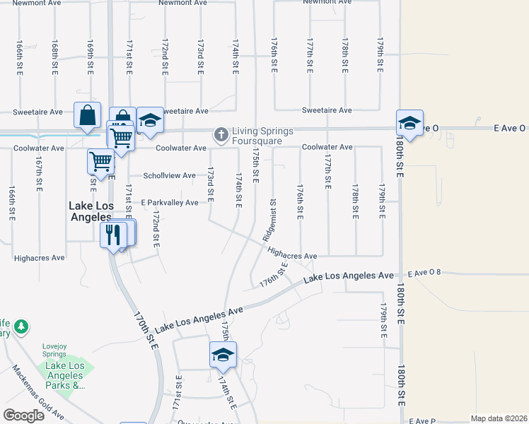 map of restaurants, bars, coffee shops, grocery stores, and more near 40165 Ridgemist Street in Palmdale
