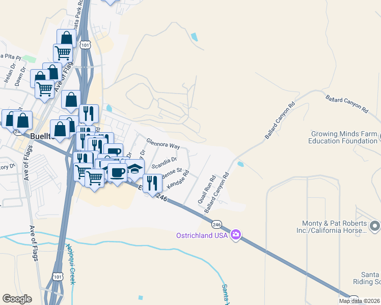 map of restaurants, bars, coffee shops, grocery stores, and more near 431 Kendale Place in Buellton