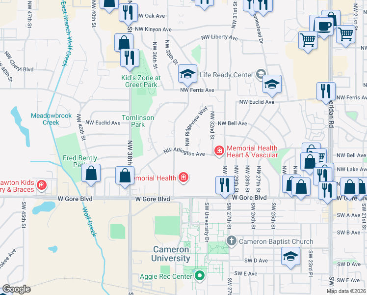 map of restaurants, bars, coffee shops, grocery stores, and more near 303 Northwest Ridgeview Way in Lawton