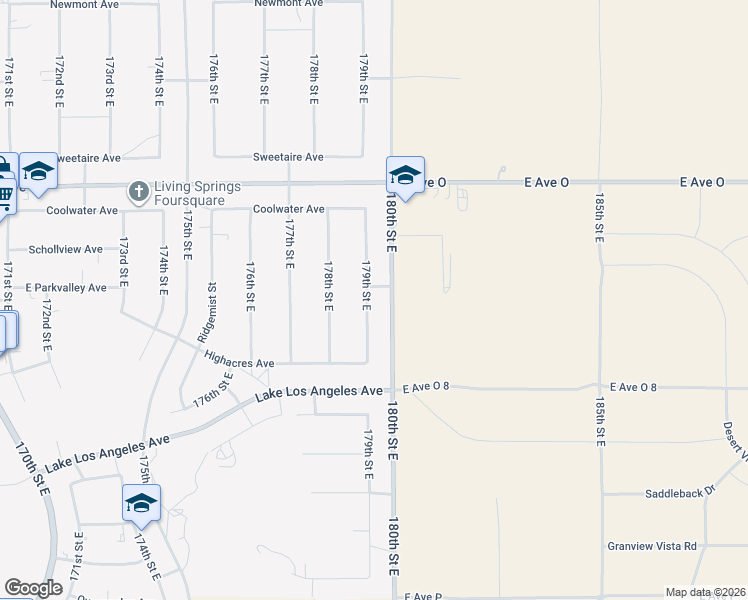 map of restaurants, bars, coffee shops, grocery stores, and more near 40182 179th Street East in Palmdale