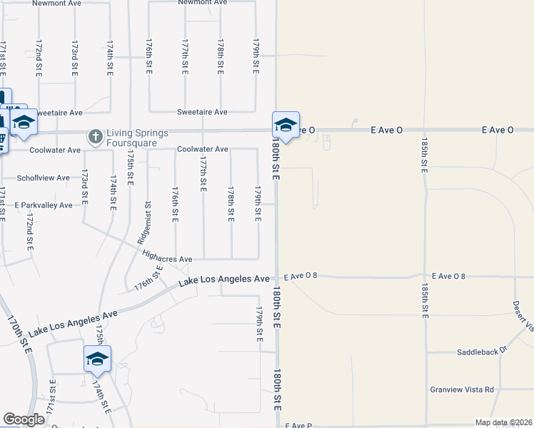 map of restaurants, bars, coffee shops, grocery stores, and more near 40182 179th Street East in Palmdale