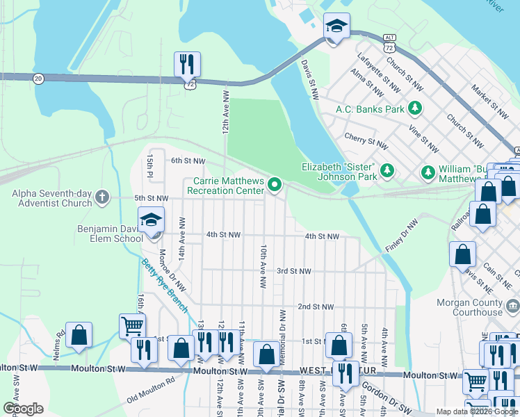 map of restaurants, bars, coffee shops, grocery stores, and more near 519 10th Avenue Northwest in Decatur
