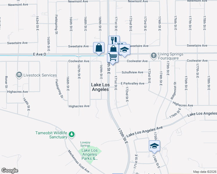 map of restaurants, bars, coffee shops, grocery stores, and more near 170th Street East in Los Angeles County