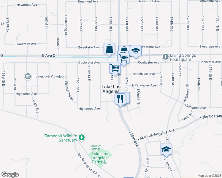 map of restaurants, bars, coffee shops, grocery stores, and more near 40729 171st Street East in Lake Los Angeles