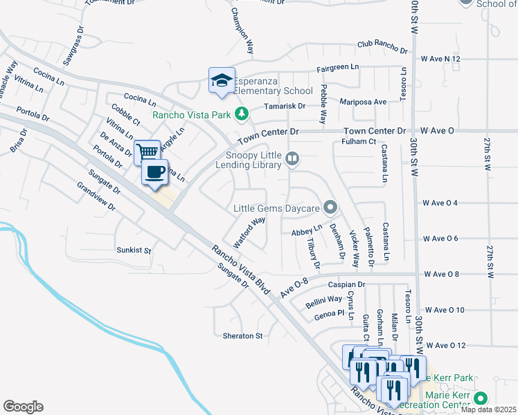 map of restaurants, bars, coffee shops, grocery stores, and more near 40250 Chelsea Court in Palmdale