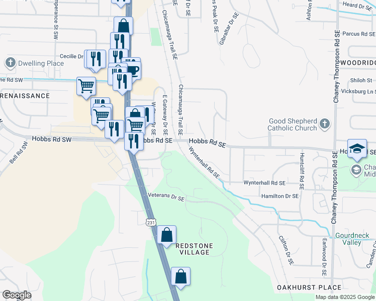 map of restaurants, bars, coffee shops, grocery stores, and more near 2851 Wynterhall Road Southeast in Huntsville