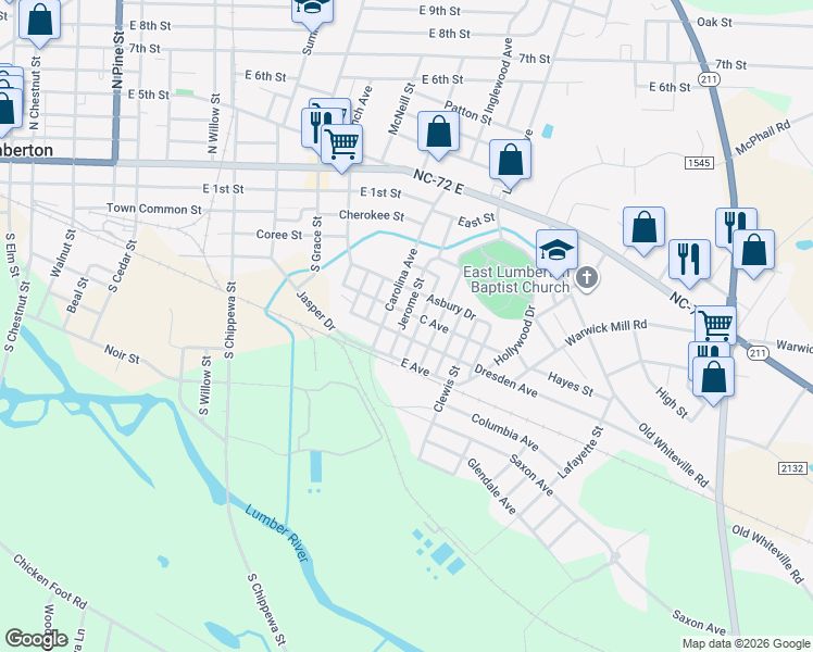 map of restaurants, bars, coffee shops, grocery stores, and more near 92 Jerome Street in Lumberton