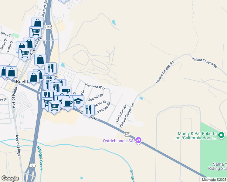map of restaurants, bars, coffee shops, grocery stores, and more near 431 Kendale Place in Buellton