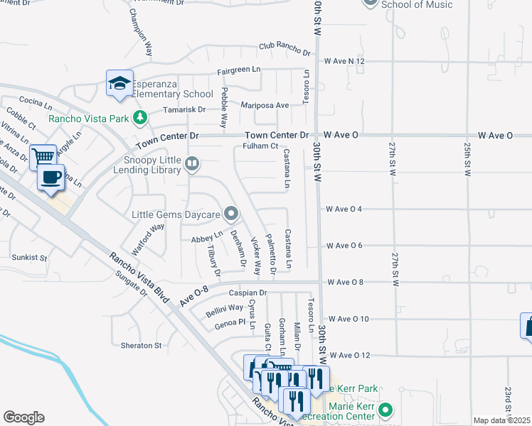 map of restaurants, bars, coffee shops, grocery stores, and more near 3142 Solmira Place in Palmdale