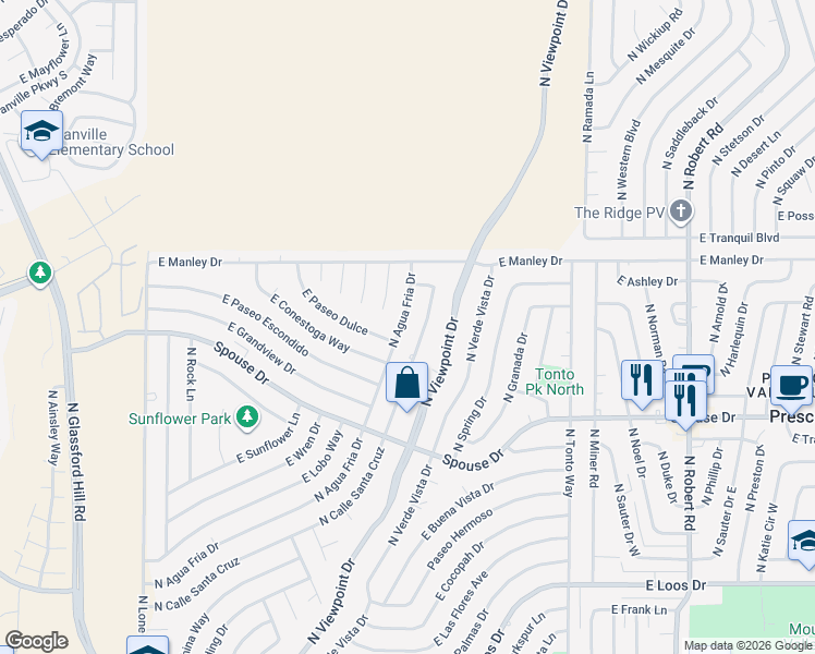 map of restaurants, bars, coffee shops, grocery stores, and more near 4821 North Agua Fria Drive in Prescott Valley