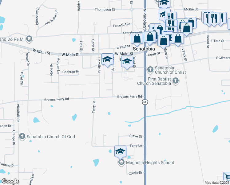 map of restaurants, bars, coffee shops, grocery stores, and more near 326 Marvin Street in Senatobia