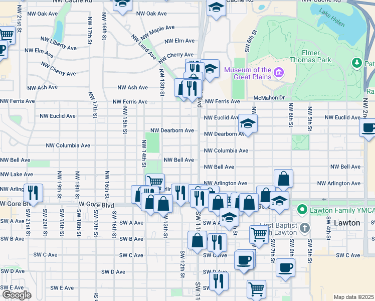 map of restaurants, bars, coffee shops, grocery stores, and more near 1116 Northwest Columbia Avenue in Lawton