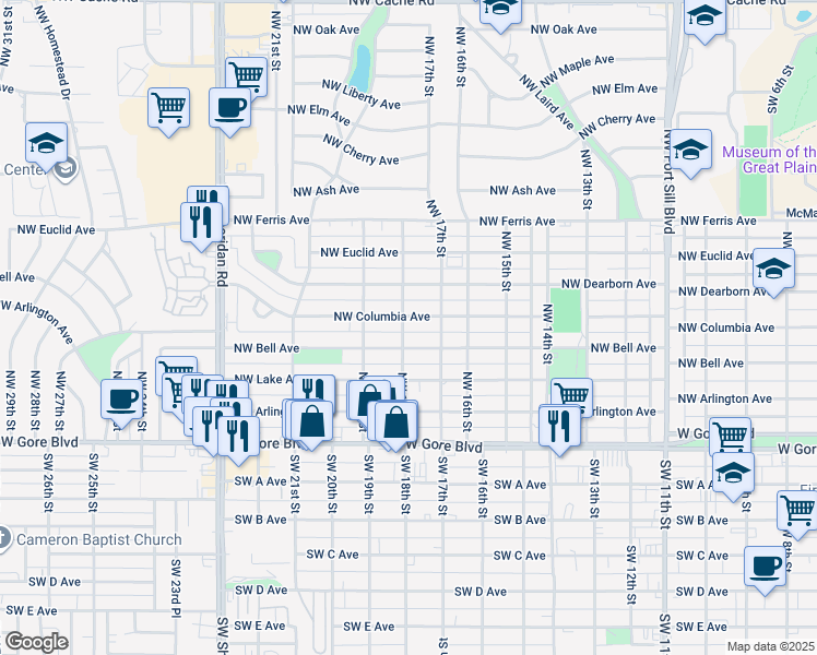 map of restaurants, bars, coffee shops, grocery stores, and more near 1716 Northwest Columbia Avenue in Lawton