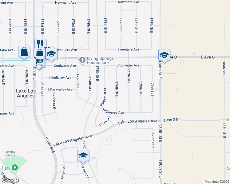 map of restaurants, bars, coffee shops, grocery stores, and more near 40185 176th Street East in Palmdale