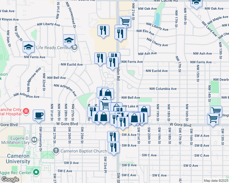 map of restaurants, bars, coffee shops, grocery stores, and more near 302 Northwest Sheridan Road in Lawton
