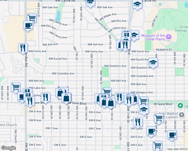 map of restaurants, bars, coffee shops, grocery stores, and more near 1414 Northwest Columbia Avenue in Lawton