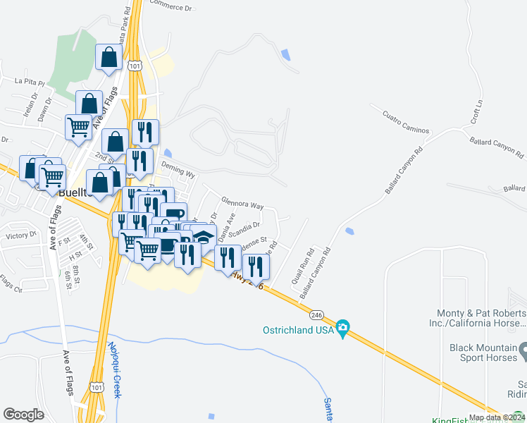 map of restaurants, bars, coffee shops, grocery stores, and more near 494 Scandia Drive in Buellton