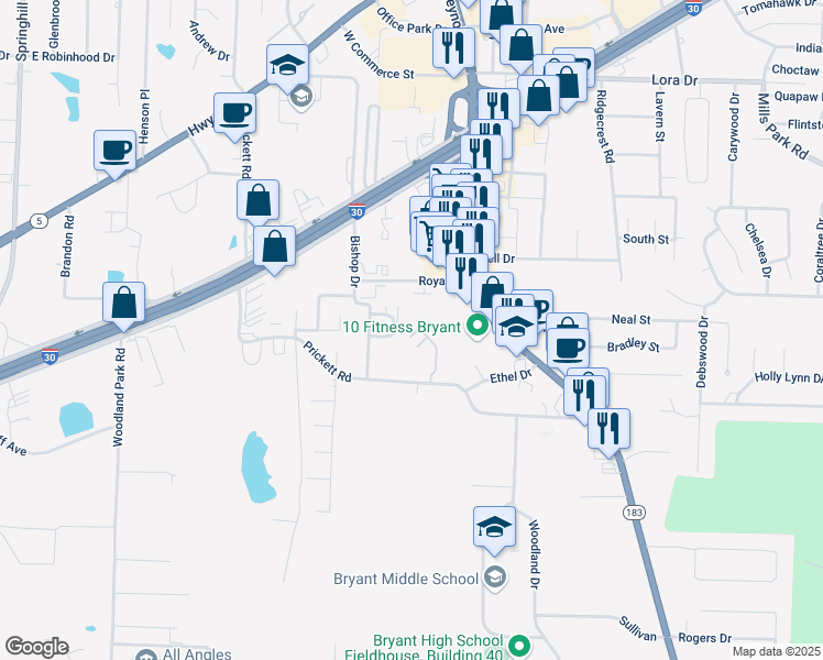 map of restaurants, bars, coffee shops, grocery stores, and more near 604 Prickett Road in Bryant