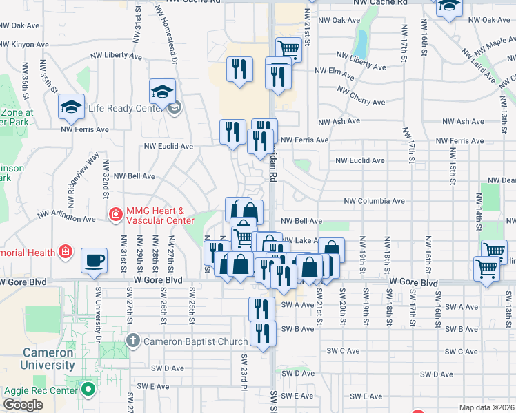 map of restaurants, bars, coffee shops, grocery stores, and more near 302 Northwest Sheridan Road in Lawton