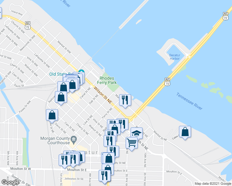 map of restaurants, bars, coffee shops, grocery stores, and more near 324 Market Street Northeast in Decatur